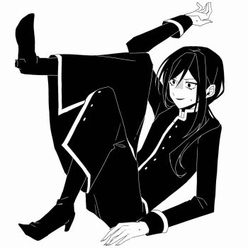 1boy androgynous arm_support arm_up boots buttons cassock commentary_request dated empty_eyes full_body greyscale hair_over_shoulder high_contrast high_heel_boots high_heels knee_up kunai_tadashi leg_up long_hair long_sleeves male_focus monochrome no_pupils open_mouth original ponytail roro_0818 shoes sidelocks simple_background sitting smile solo sweat white_background wide-eyed