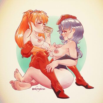 absurdres alcohol beer bodysuit hairpods highres interface_headset_(evangelion) katsuragi_misato mecha_pilot_suit multicolored_bodysuit neon_genesis_evangelion non-web_source orange_bodysuit plugsuit_(evangelion) souryuu_asuka_langley test_plugsuit_(evangelion) two-tone_bodysuit
