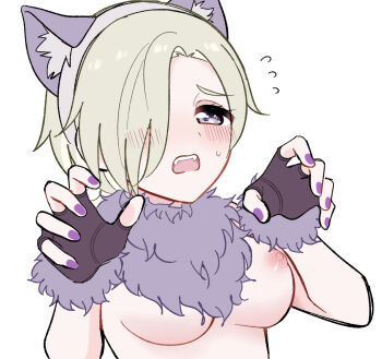 Rule 34 | 1girl, animal costume, animal ear hairband, animal ears, breasts, claw pose, commentary request, daleka333, embarrassed, fake animal ears, fangs, fingerless gloves, fingernails, flying sweatdrops, gloves, grey eyes, grey hair, hairband, highres, looking at viewer, love live!, love live! nijigasaki high school idol club, love live! school idol festival all stars, medium breasts, mia taylor, open mouth, purple nails, simple background, solo, sweatdrop, teeth, upper body, upper teeth only, white background, wolf costume, wolf ears