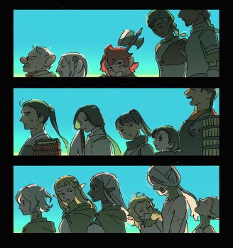 armor axe battle_axe benichidori black_border black_eyes blue_background blue_sky border braid braided_ponytail character_request cithis closed_eyes closed_mouth dark-skinned_female dark-skinned_male dark_skin dungeon_meshi dwarf elf elven_ears facing_to_the_side fleki gnome green_eyes grey_hair hand_to_own_mouth hand_up hien highres holding inutade japanese_armor kaka_floke kiki_floke large_ears long_hair long_sleeves looking_at_another maizuru mature_female mithrun namari_(dungeon_meshi) old old_man old_woman open_mouth outdoors pattadol pauldrons pointy_ears ponytail red_hair robodumpling short_hair shoulder_armor shurou sky sleeves_past_fingers sleeves_past_wrists smile sode tansu_floke very_short_hair weapon wide_sleeves yarn_floke