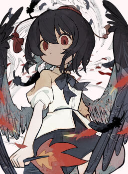 1girl absurdres belt black_belt black_bow black_bowtie black_feathers black_hair black_skirt black_wings bow bowtie buttons closed_mouth collared_shirt commentary cowboy_shot expressionless falling_feathers feathered_wings feathers from_below hair_between_eyes hat highres pleated_skirt puffy_short_sleeves puffy_sleeves red_eyes red_hat shameimaru_aya shirt short_hair short_sleeves skirt solo soresaki tareme tassel tokin_hat touhou untucked_shirt white_shirt wings