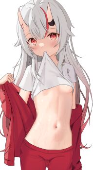1girl absurdres badao blush breasts cameltoe commentary_request dot_nose gradient_hair hair_between_horns hair_ornament highres hololive horns jacket long_hair looking_at_viewer multicolored_hair nakiri_ayame nakiri_ayame_(cutie_jersey) navel official_alternate_costume pants red_eyes red_hair red_jacket red_pants shirt skin-covered_horns small_breasts sweat underboob virtual_youtuber white_hair white_shirt