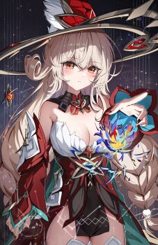 Rule 34 | 1girl, absurdres, alice (genshin impact), blonde hair, breasts, closed mouth, detached sleeves, genshin impact, hair between eyes, hand up, highres, large breasts, long hair, long sleeves, looking at viewer, no gloves, parted lips, red nails, solo, standing, thighhighs, very long hair, vision (genshin impact), white thighhighs, yeni1871