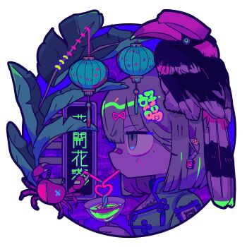 bandages bandaid bandaid_on_face bandaid_on_nose bird blonde_hair china_dress chinese_clothes cocktail cocktail_glass crab cup dress drinking_glass highres jitome lantern neon_trim nightclub original sanpaku short_hair tattoo terada_tera toucan translation_request what