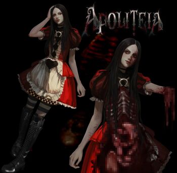 1girl alice:_madness_returns alice_liddell_(american_mcgee's_alice) american_mcgee's_alice apron black_hair boots censored dress exposed_bone exposed_gusset full_body guro gw4ll1 hair_over_shoulder hand_on_own_head highres knee_boots long_hair looking_at_viewer mosaic_censoring multiple_views organs outstretched_arm puffy_short_sleeves puffy_sleeves red_dress ribs self-harm severed_hand short_sleeves smile straight_hair wrist_cutting