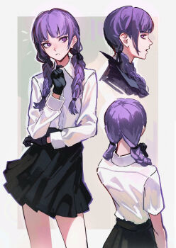 1girl back black_gloves black_skirt blunt_bangs braid collared_shirt commentary contrapposto danganronpa:_trigger_happy_havoc danganronpa_(series) dethmaid dress_shirt english_commentary facing_back from_behind gloves highres kirigiri_kyoko looking_at_viewer low_twin_braids low_twintails multiple_views open_mouth parted_lips pleated_skirt portrait profile purple_eyes purple_hair shirt sidelocks sideways_glance skirt sleeve_cuffs twin_braids twintails white_shirt wing_collar