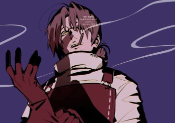 Rule 34 | 1boy, apron, brown apron, brown gloves, brown hair, cigarette, f ubkc, facial hair, gloves, gregor (project moon), hair over eyes, limbus company, looking at viewer, male focus, mature male, mustache stubble, non-web source, open mouth, parted bangs, ponytail, project moon, purple background, shirt, short hair, simple background, smoke, smoke trail, smoking, solo, stubble, turtleneck, turtleneck shirt, watermark, white shirt, yellow eyes