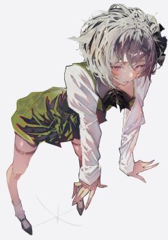 1girl absurdres black_bow black_bowtie black_shoes blush bow bowtie commentary green_skirt green_vest grey_eyes hairband highres konpaku_youmu leaning_forward long_sleeves looking_at_viewer medium_hair parted_lips po_(anhk5528) shirt shoes skirt socks solo touhou vest white_background white_hair white_shirt white_socks