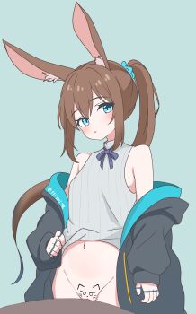 1girl absurdres amiya_(arknights) animal_ear_fluff animal_ears aqua_background aqua_eyes aqua_jacket arknights bare_shoulders blue_ribbon blush brown_hair clothes_lift commentary_request do_you_want_to_pet_my_cat_(meme) drawn_ears drawn_eyes drawn_whiskers eggplant7217 grey_shirt hair_between_eyes highres jacket long_hair looking_at_viewer meme multicolored_jacket navel neck_ribbon off_shoulder open_clothes open_jacket parted_lips ponytail pussy rabbit_ears rabbit_girl ribbon shirt shirt_lift sidelocks simple_background sleeveless sleeveless_shirt solo table two-tone_jacket upper_body