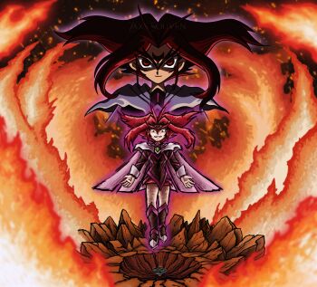 1girl armor armored_dress ayaka_(beyblade) bakuten_shoot_beyblade beyblade beyblade_(object) burning dress fire gem green_gemstone hair_intakes highres medium_hair outstretched_arms red_eyes red_hair smile smug zaxs_souven