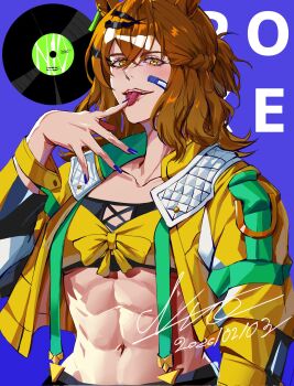 abs ahoge animal_ears bandaid bandaid_on_face bandeau blue_nails blush braid breasts brown_hair collarbone earrings hair_between_eyes hair_ornament hairclip half_up_half_down_braid highres horse_ears horse_girl jacket jewelry jungle_pocket_(champion's_battle_cry)_(umamusume) jungle_pocket_(umamusume) long_sleeves looking_at_viewer medium_hair midriff muscular muscular_female n10_arts navel open_clothes open_jacket parted_lips skirt small_breasts smile suspender_skirt suspenders teeth tongue tongue_out umamusume upper_body yellow_bandeau yellow_eyes yellow_jacket