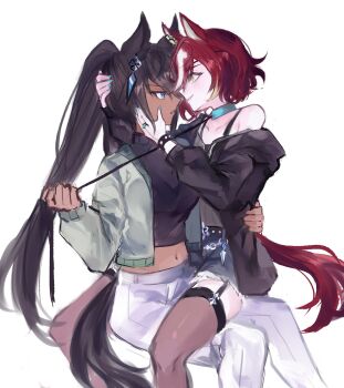 Rule 34 | 2girls, absurdres, animal ears, black hair, black jacket, black shirt, black thighhighs, blue eyes, blue nails, blue shorts, collar, commentary, dark-skinned female, dark skin, garter straps, grey jacket, hand on another's face, hand on another's waist, hgrao, highres, holding, holding leash, horse ears, horse tail, jacket, leash, multiple girls, pants, parted lips, red hair, shirt, short hair, shorts, simple background, smile, symboli kris s (umamusume), tail, tanino gimlet (umamusume), thighhighs, umamusume, white background, white pants, yellow eyes, yuri