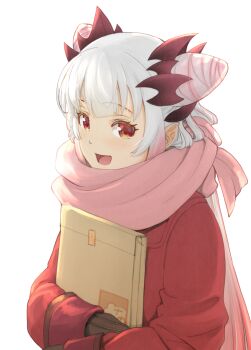 Rule 34 | 1girl, alternate costume, blush, brown mittens, coat, commentary request, cone hair bun, curled horns, demon horns, detached collar, double bun, enpera, envelope, from side, gradient hair, grey hair, hair bun, haniwa (leaf garden), headgear, highres, holding, holding envelope, horns, indie virtual youtuber, long hair, looking at viewer, mittens, multicolored hair, open mouth, orange eyes, overexposure, pink hair, pink scarf, pink streaks, pointy ears, red coat, red horns, scarf, side up bun, sidelighting, simple background, smile, solo, spiked horns, streaked hair, suou patra, transparent background, upper body, very long hair, virtual youtuber