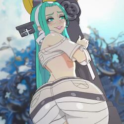 1boy 1girl a.b.a amplected animated ass ass_focus ass_shake bags_under_eyes bandages bare_shoulders blush breasts crop_top green_hair guilty_gear guilty_gear_strive key key_in_head large_breasts object_through_head paracelsus_(guilty_gear) pole_dancing seductive_smile shorts smile tagme teeth video white_shorts white_sleeves wide_hips