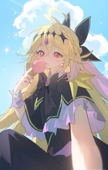 Rule 34 | 1girl, absurdres, antenna hair, black capelet, black dress, blonde hair, blue sky, capelet, cloud, cloudy sky, commentary, cure arcana shadow, day, dress, fingernails, hand up, highres, holding, holding ice cream cone, ice cream cone, long fingernails, looking at viewer, meitantei precure!, moria luluka, multicolored capelet, multicolored hair, nail polish, parted lips, pink eyes, pink hair, pkts1017, precure, purple nails, selfie, sky, solo, two-tone capelet, two-tone hair, untranslatable commentary, upper body, white capelet