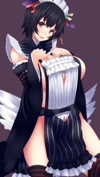 Rule 34 | 1girl, black hair, breasts, brown eyes, cowboy shot, female focus, hand on own chest, head tilt, large breasts, looking at viewer, maid headdress, open mouth, ponkotsu (ayarosu), sengoku bushouki muramasa, smile, solo, thighhighs, torii mototada (sengoku bushouki muramasa)