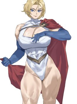 1girl absurdres blonde_hair blue_eyes blue_gloves breasts cape cleavage cleavage_cutout clothing_cutout dc_comics gloves highleg highleg_leotard highres large_breasts leotard looking_at_viewer power_girl red_cape short_hair sleeved_leotard smile solo superhero_costume superman_(series) taiyang_yu white_leotard