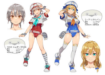 2girls absurdres bikini blonde_hair blue_one-piece_swimsuit blue_shoes breasts character_name character_profile closed_mouth commentary_request covered_navel facing_viewer fish green_eyes grey_hair hand_in_own_hair hat height highres kneehighs kokona_sugarcraft_(michairu) large_breasts looking_at_viewer mia_restrain_(michairu) michairu multiple_girls one-piece_swimsuit open_mouth orange_eyes original red_one-piece_swimsuit red_shoes sacabambaspis sailor_bikini sailor_collar sailor_hat shirt shoes short_sleeves simple_background smile socks standing standing_on_one_leg striped_clothes striped_socks swimsuit thighhighs translation_request v white_background white_bag white_sailor_collar white_shirt white_thighhighs wrist_cuffs
