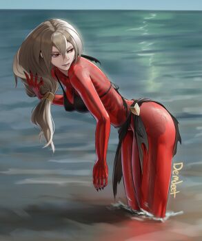 1girl alternate_costume artist_name beach bikini black_bikini black_nails blonde_hair bone breasts commentary demdeet english_commentary fingernails fire_emblem fire_emblem_heroes from_side hair_between_eyes hand_in_own_hair highres lips long_hair looking_to_the_side nintendo red_eyes see-through_body sharp_fingernails skeleton solo swimsuit thrasir_(fire_emblem)