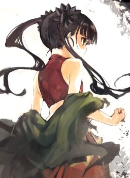 1girl bare_shoulders black_hair blue_eyes commentary_request etrian_odyssey from_behind highres long_hair monk_(sekaiju) monk_2_(sekaiju) pants puffy_pants sekaiju_no_meikyuu sekaiju_no_meikyuu_3 sleeveless solo tsutsugano twintails