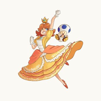 1boy 1girl crown dress earrings full_body gloves high_heels highres jewelry mario_(series) nintendo one_eye_closed princess_daisy raised_arm schluebot short_hair smile super_mario_land super_smash_bros. toad_(mario) white_background
