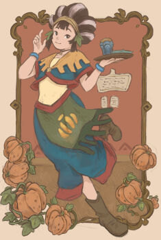 1girl apron blue_skirt boots bracelet bright_pupils brown_boots brown_eyes brown_hair capelet choker closed_mouth collarbone commentary_request full_body green_apron hands_up highres holding holding_tray jewelry kina_(zelda) leg_up nintendo pumpkin shirt skirt smile solo standing standing_on_one_leg the_legend_of_zelda the_legend_of_zelda:_skyward_sword tray waist_apron white_pupils yellow_shirt yumenomi_(eskx2437)