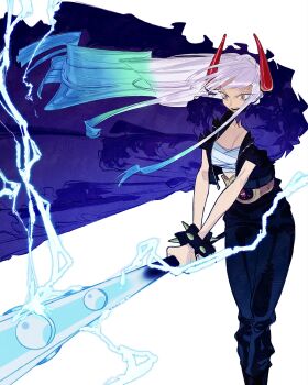 Rule 34 | 1girl, absurdres, armlet, bandaged chest, belt, black jacket, black pants, bloodykn8ght, blue hair, breasts, brown belt, cape, cleavage, club, club (weapon), cropped jacket, feet out of frame, gradient hair, green hair, highres, holding, holding weapon, horns, jacket, jewelry, kanabou, lightning, long hair, multicolored hair, one piece, open mouth, orange eyes, pants, purple cape, red horns, solo, spiked armlet, teeth, upper teeth only, weapon, white hair, yamato (one piece)