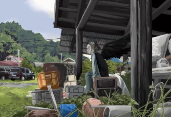 Rule 34 | 1girl, beanie, black wings, building, car, closed eyes, day, earflap beanie, feathered wings, from side, hair between eyes, hat, highres, house, long sleeves, motor vehicle, original, outdoors, pants, plant, power lines, profile, scenery, sitting, slouching, solo, vines, white hair, wings, yoshiryuu