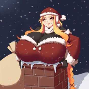 1girl angry arina bag blonde_hair bodysuit breasts brown_eyes bursting_breasts dotil eyelashes gigantic_breasts hat highres holding lips long_hair night original outdoors santa_hat scarf shiny_clothes shiny_skin skin_tight sky smokestack snow solo stuck suck upper_body very_long_hair