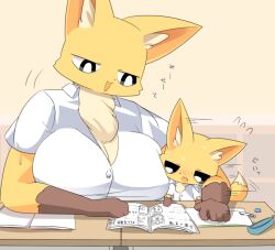 Rule 34 | 1boy, 1girl, animal ears, black eyes, breasts, buttons, collared shirt, colored skin, commentary request, desk, fox boy, fox ears, fox girl, fox tail, furry, furry female, furry male, huge breasts, lets0020, looking at another, looking to the side, notebook, open mouth, original, pen, pencil case, shirt, short sleeves, size difference, smile, tail, translation request, upper body, white shirt, yellow skin