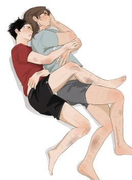 Rule 34 | 2boys, arm hair, arm up, azumane asahi, barefoot, black hair, black male underwear, blue shirt, blush, brown hair, bruise, bruise on arm, bruise on leg, closed eyes, commentary, drooling, english commentary, facial hair, goatee, grey male underwear, haikyuu!!, hair behind ear, hand on another's arm, highres, injury, linmorsan, lying, male focus, male underwear, medium hair, multicolored hair, multiple boys, nishinoya yuu, on side, open mouth, parted lips, red shirt, shirt, short hair, short sleeves, simple background, spooning, streaked hair, teeth, underwear, white background, yaoi