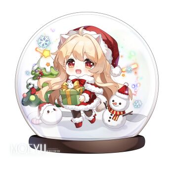 1girl :d ahoge animal_ears blonde_hair blush boots bow box brown_pantyhose candy candy_cane capelet cat_ears cat_girl cat_tail chibi christmas christmas_ornaments christmas_tree commentary_request dress food fur-trimmed_boots fur-trimmed_capelet fur-trimmed_dress fur-trimmed_sleeves fur_trim gift gift_box hair_intakes holding holding_gift loading_(verjuice) long_hair long_sleeves looking_at_viewer open_mouth original pantyhose puffy_long_sleeves puffy_sleeves red_boots red_bow red_capelet red_dress red_eyes simple_background smile snow_globe snowflakes snowman solo standing standing_on_one_leg star_(symbol) tail very_long_hair white_background
