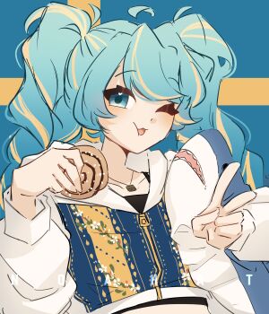 1girl :3 absurdres aqua_eyes aqua_hair block_(minecraft) cinnamon_roll commentary contemporary_traditional_clothes english_commentary flag_background floral_print hatsune_miku highres hood hoodie ikea ikea_shark jewelry minecraft multicolored_hair necklace noahat smile solo streaked_hair stuffed_animal stuffed_shark stuffed_toy sweden swedish_clothes swedish_flag upper_body v vocaloid worldwide_miku zipper_pull_tab