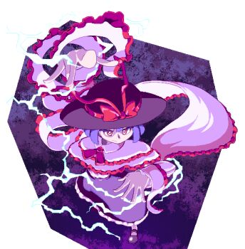 1girl black_hat black_shoes black_skirt bright_pupils closed_mouth commentary_request electricity foreshortening frilled_shawl frilled_skirt frills from_above full_body hat hat_ribbon nagae_iku purple_background purple_hair red_eyes red_ribbon ribbon shawl shoes short_hair skirt solo touhou white_pupils yado_taityou