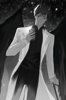 1boy black_hair black_shirt black_wings coat collared_shirt commentary demon_horns emosunfish english_commentary feathered_wings feet_out_of_frame glint greyscale highres holding holding_phone holding_sword holding_weapon horns kim_dokja looking_to_the_side male_focus monochrome omniscient_reader&#039;s_viewpoint open_clothes open_coat partially_colored phone red_eyes shirt short_hair sky snow solo star_(sky) starry_sky sword weapon white_coat wings