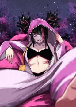 1girl absurdres black_bra black_hair black_nails bra breasts cleavage diagonal_bangs dot_nose eyelashes glint hair_over_one_eye hair_through_hood han_juri highres hood hood_up momo_juice multicolored_hair navel official_alternate_costume onesie open_pajamas pajamas parted_lips pink_eyes pink_hair pink_hood pink_pajamas purple_background sitting smile solo streaked_hair street_fighter street_fighter_6 twintails two-tone_hair underwear
