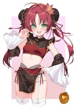 1girl :d absurdres ahoge apple arknights breasts bun_cover chinese_clothes commentary crop_top cropped_legs detached_sleeves double_bun earrings fang flower food fruit garter_belt golden_apple green_eyes hair_bun hair_flower hair_ornament hand_on_own_hip highres jewelry long_hair looking_at_viewer myrtle_(arknights) open_mouth paid_reward_available panties pointy_ears red_hair simple_background skin_fang small_breasts smile solo thighhighs twintails underwear v-shaped_eyebrows variant_set white_panties white_thighhighs yakurope-moko