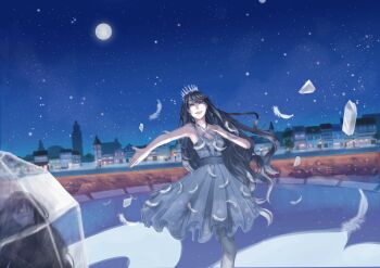 absurdres ashley_(shining_nikki) bare_arms bare_shoulders bird black_hair black_pantyhose blue_eyes breasts cleavage commentary_request criss-cross_halter crown dress feathers full_moon glass_shards grey_dress halterneck hand_on_own_stomach happy highres knees lake lilith_(shining_nikki) lipstick long_hair looking_at_viewer ma41dori makeup mascara moon night night_sky nikki_(series) open_mouth outdoors outstretched_arm pantyhose red_lips reflection reflective_liquid shining_nikki sky sleeveless sleeveless_dress small_breasts smile stage star_(sky) starry_sky swan swept_bangs teeth town very_long_hair wavy_hair white_crown