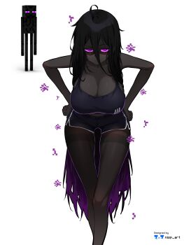 1girl absurdres animification artist_name black_hair black_shorts black_skin black_tank_top breasts cleavage colored_sclera colored_skin dolphin_shorts enderman gradient_hair hair_between_eyes highres huge_breasts humanization leaning_forward long_hair long_hair_between_eyes looking_at_viewer minecraft multicolored_hair nisp_art purple_eyes purple_hair purple_sclera reference_inset shorts solo tank_top very_long_hair white_background