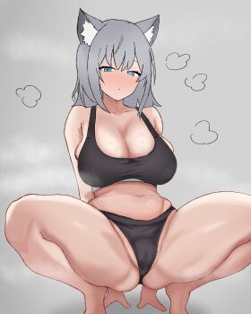 1girl absurdres animal_ear_fluff animal_ears arm_support arms_behind_back bare_arms bare_legs bare_shoulders black_panties black_sports_bra blue_archive blue_eyes blush breasts bright_pupils cleavage closed_mouth collarbone commentary feet_out_of_frame grey_background groin hair_between_eyes half-closed_eyes highres large_breasts leaning_back looking_at_viewer medium_hair mismatched_pupils navel nose_blush panties peace_peace009 shiroko_(blue_archive) sideboob simple_background solo sports_bra spread_legs squatting steaming_body stomach thighs tiptoes underwear underwear_only vomiting_rainbows white_pupils wolf_ears