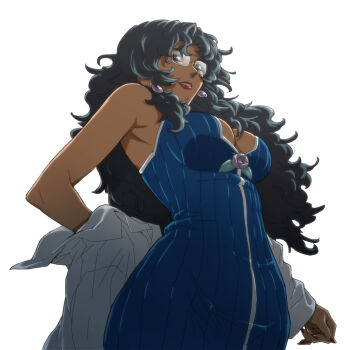 00s 1girl armpits black_hair blue_eyes breasts cleavage dark-skinned_female dark_skin earrings female_focus glasses heat_guy_j highres jewelry large_breasts lips lipstick long_hair makeup nail_polish rintarou solo undressing