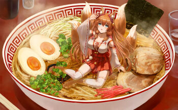 1girl animal_ear_fluff animal_ears arm_up bell blue_eyes blush breasts brown_hair cleavage collarbone commentary_request commission detached_sleeves female_focus food fox_ears fox_girl fox_tail full_body hakama hakama_short_skirt hakama_skirt highres in_food isome japanese_clothes jingle_bell kitsune large_breasts long_hair long_sleeves looking_at_viewer miko mini_person minigirl multiple_tails nontraditional_miko noodles open_mouth original ramen red_ribbon red_skirt ribbon ribbon-trimmed_sleeves ribbon-trimmed_thighhighs ribbon_trim sitting skeb_commission skirt solo steam tail thighhighs vest white_thighhighs white_vest wide_sleeves yokozuwari