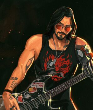 1boy arm_tattoo black_hair black_tank_top cowboy_shot cyberpunk_(series) cyberpunk_2077 guitar head_tilt highres instrument jewelry johnny_silverhand male_focus muscular muscular_male music necklace playing_guitar playing_instrument prosthesis prosthetic_arm red-tinted_eyewear skyfree_art smirk solo sunglasses tank_top tattoo tinted_eyewear