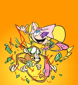 1boy 1girl blonde_hair bow cartoon_network crossover dee_dee dexter&#039;s_laboratory eyepatch gyosone harime_nui kill_la_kill life_fiber monkey monkey_(dexter&#039;s_lab) orange_background parody sanageyama_uzu smile style_parody twintails