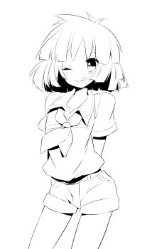 00s 1boy :q ;q androgynous arms_behind_back belt bugsy_(pokemon) greyscale gym_leader highres lineart male_focus monochrome nakamura_sandayo nintendo one_eye_closed pokemon pokemon_hgss shorts simple_background solo star_(symbol) tongue tongue_out trap white_background wink