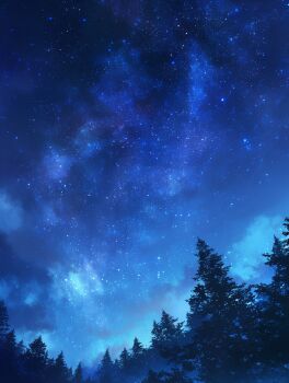 blue_theme cloud commentary english_commentary forest highres katsuo_shimanto milky_way nature night no_humans original outdoors pine_tree scenery sky sky_focus star_(sky) starry_sky tree