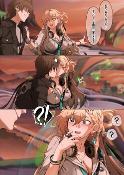 !? 1boy 1girl ? @_@ aqua_necktie black_hair black_jacket blonde_hair braid braided_bangs breasts cleavage closed_mouth commentary_request confused earrings evening hair_between_eyes hair_ornament hand_up headphones headphones_around_neck highres jacket jewelry kiss large_breasts long_hair looking_at_another lynae_(wuthering_waves) male_rover_(wuthering_waves) necktie open_mouth orange_sky partial_commentary perversion_of_canon pointing pointing_to_the_side rover_(wuthering_waves) saki_(remainaddd) shirt skull_hair_ornament sky smile spoilers star_(symbol) star_earrings translation_request white_shirt wuthering_waves