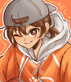 Rule 34 | 1boy, alternate eye color, alternate hairstyle, backwards hat, baseball cap, blush, bright pupils, brown eyes, brown hair, character name, closed mouth, commentary, double-parted bangs, grey hat, hair between eyes, hat, highres, hood, hood down, hoodie, imo mo 0, kel (birthday) (omori), kel (faraway) (omori), kel (omori), long sleeves, looking at viewer, low ponytail, male focus, official alternate costume, omori, one eye closed, orange hoodie, ponytail, short hair, short ponytail, smile, solo, symbol-only commentary, white pupils