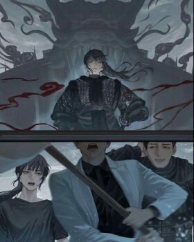 1girl 2boys armor black_hair black_shirt blackbox_(blackbox9158) coat collared_shirt floating_hair holding holding_sheath holding_stick kim_dokja lee_hyunsung lee_jihye multiple_boys multiple_views official_art omniscient_reader's_viewpoint open_clothes open_coat ponytail scabbard serious sheath shirt stick third-party_source tunic white_coat wind wind_lift