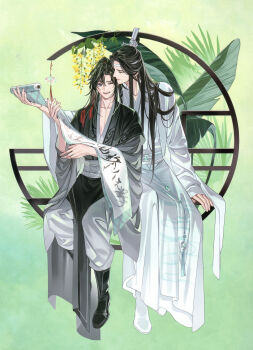 Rule 34 | 2boys, absurdres, bishounen, black boots, black eyes, black hair, boots, calligraphy, chinese clothes, closed eyes, closed mouth, collarbone, couple, flower, full body, gearous, green background, grey eyes, grey pants, grey sash, hair ornament, hair ribbon, hanfu, headband, highres, holding, holding scroll, lan wangji, lattice, leaf, long hair, long sleeves, looking at another, looking at viewer, male focus, modao zushi, multiple boys, official art, one eye closed, open mouth, pants, pectoral cleavage, pectorals, plant, ponytail, red ribbon, ribbon, robe, round window, sash, scroll, sitting, smile, tassel, tassel hair ornament, third-party source, topknot, wei wuxian, white boots, white headband, white sash, wide sleeves, wind chime, window, xiao guan (headdress), yaoi, yaopei, yellow flower